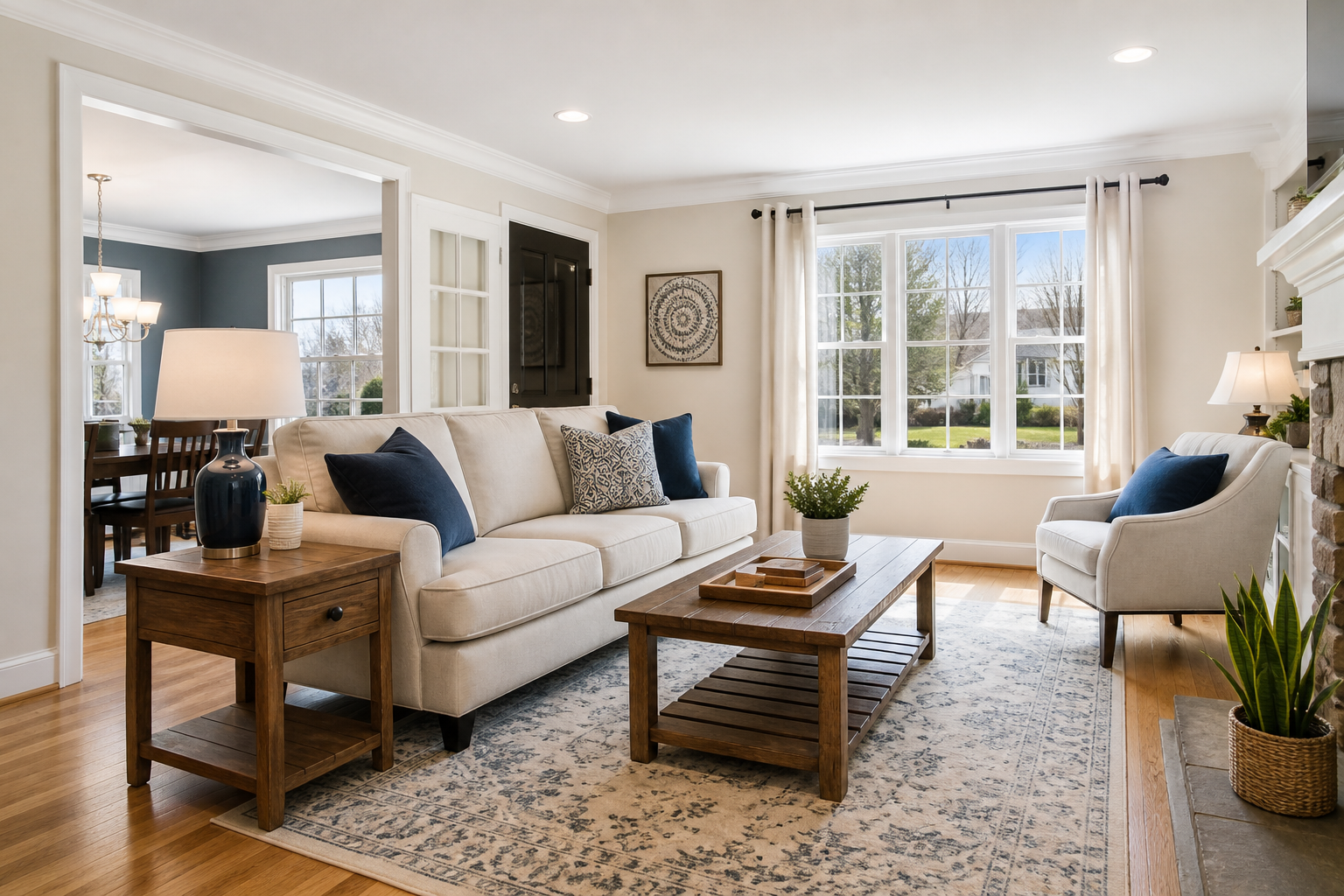 Bright, welcoming living room with clean hardwood floors and navy accents
